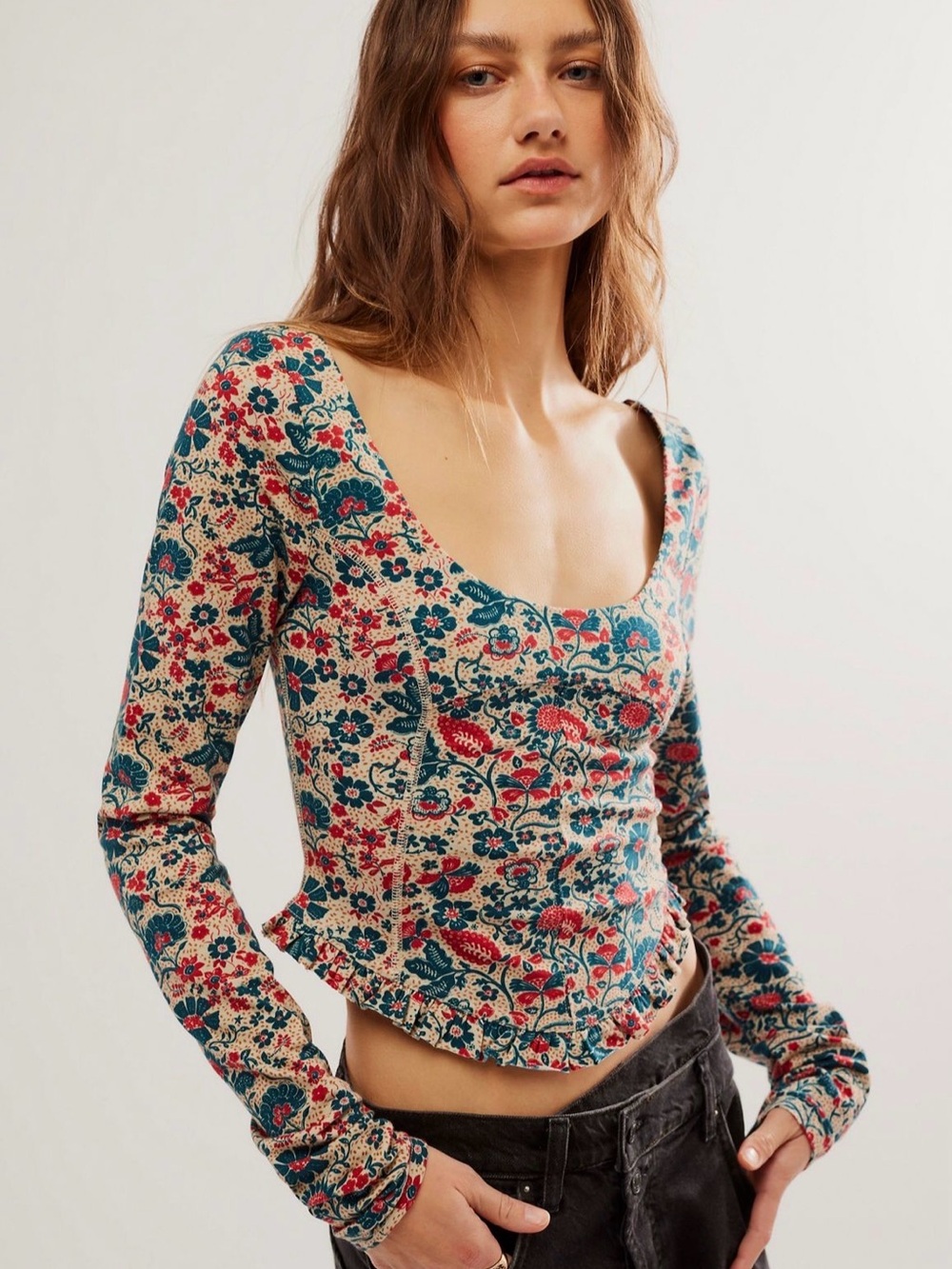 Free People Melanie Long-Sleeve Top In Sand Combo S NWOT